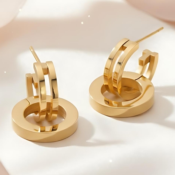 ๐Double Loop 18K Gold Plated 316L Stainless Steel Dainty Earringsโจ2-Way Wear - Picture 1 of 11